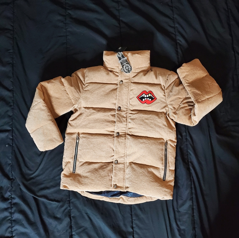 Chrome Hearts Tan Puffer Jacket Red Lips Exclusive